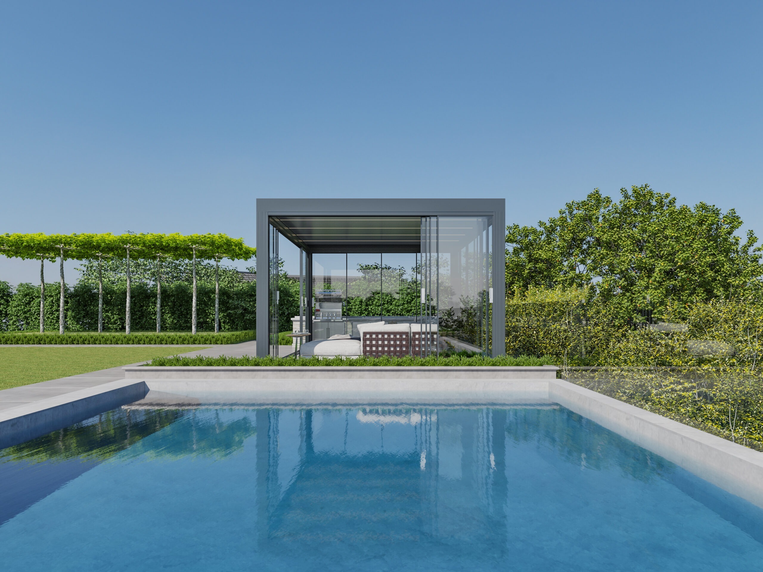 Model NX800HD 4×6 grey with sliding glass doors